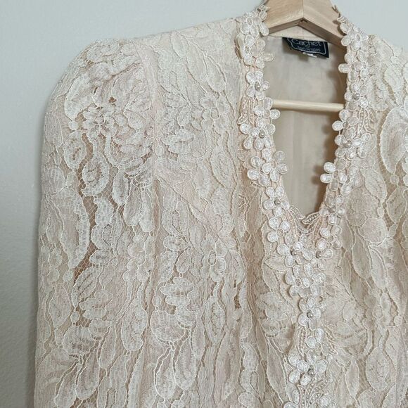 Vintage Formal Coquette Lace Beaded Embroidered Soft Pink Floral Button Blazer - Picture 3 of 8